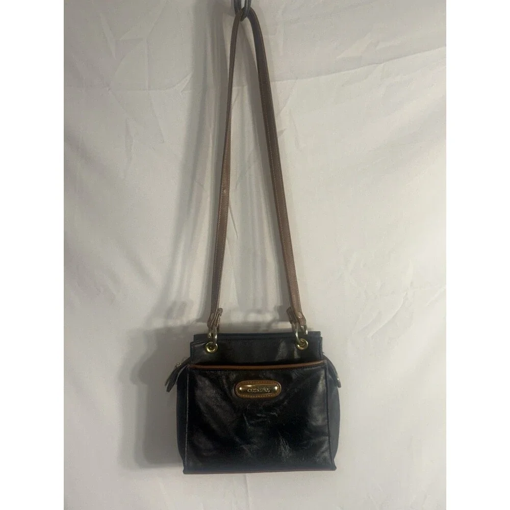 Vintage Capezio Faux Leather Crossbody Shoulder Bag Purse black w/Brown Trim